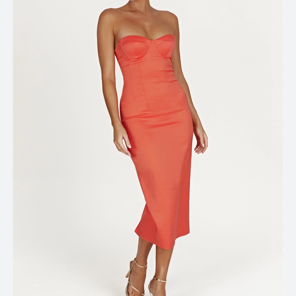 Meshki Strapless Midi Dress in Coral